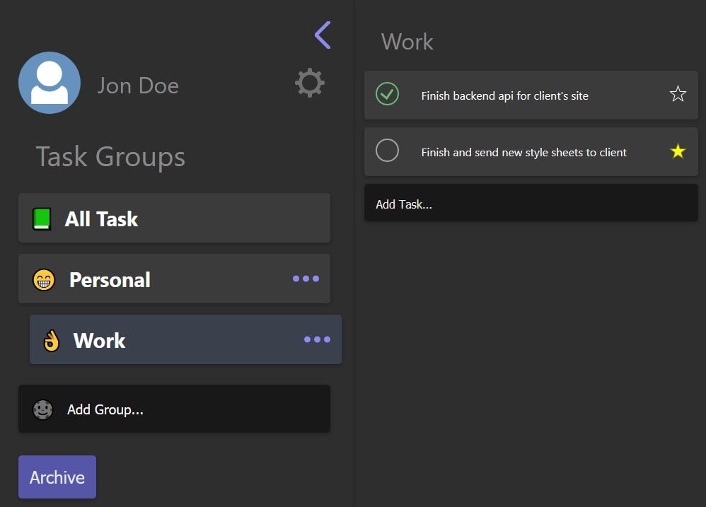 screenshot of to do list showing groups and task