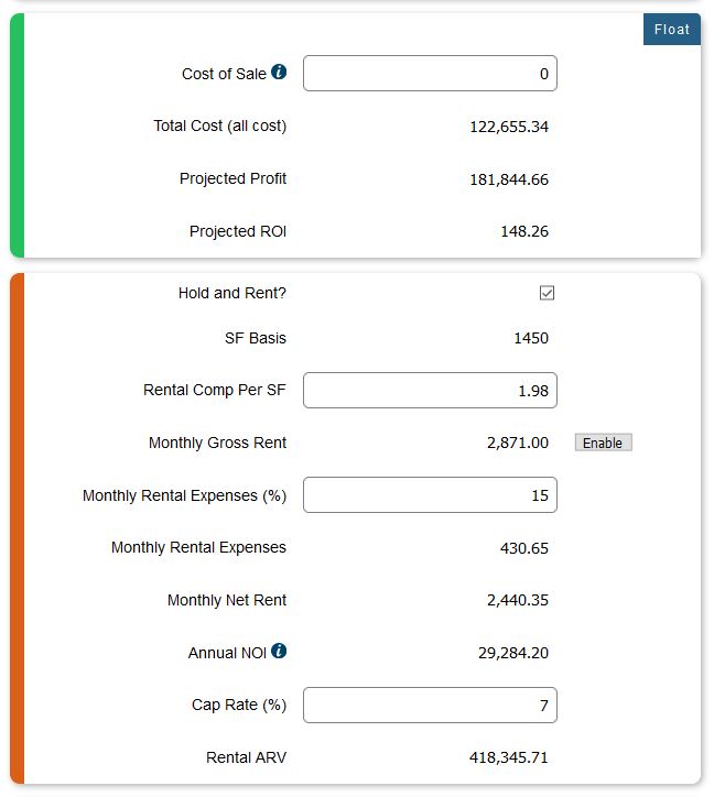 screenshot of hard money loan estimator app showing potential profit and loss and rental details.